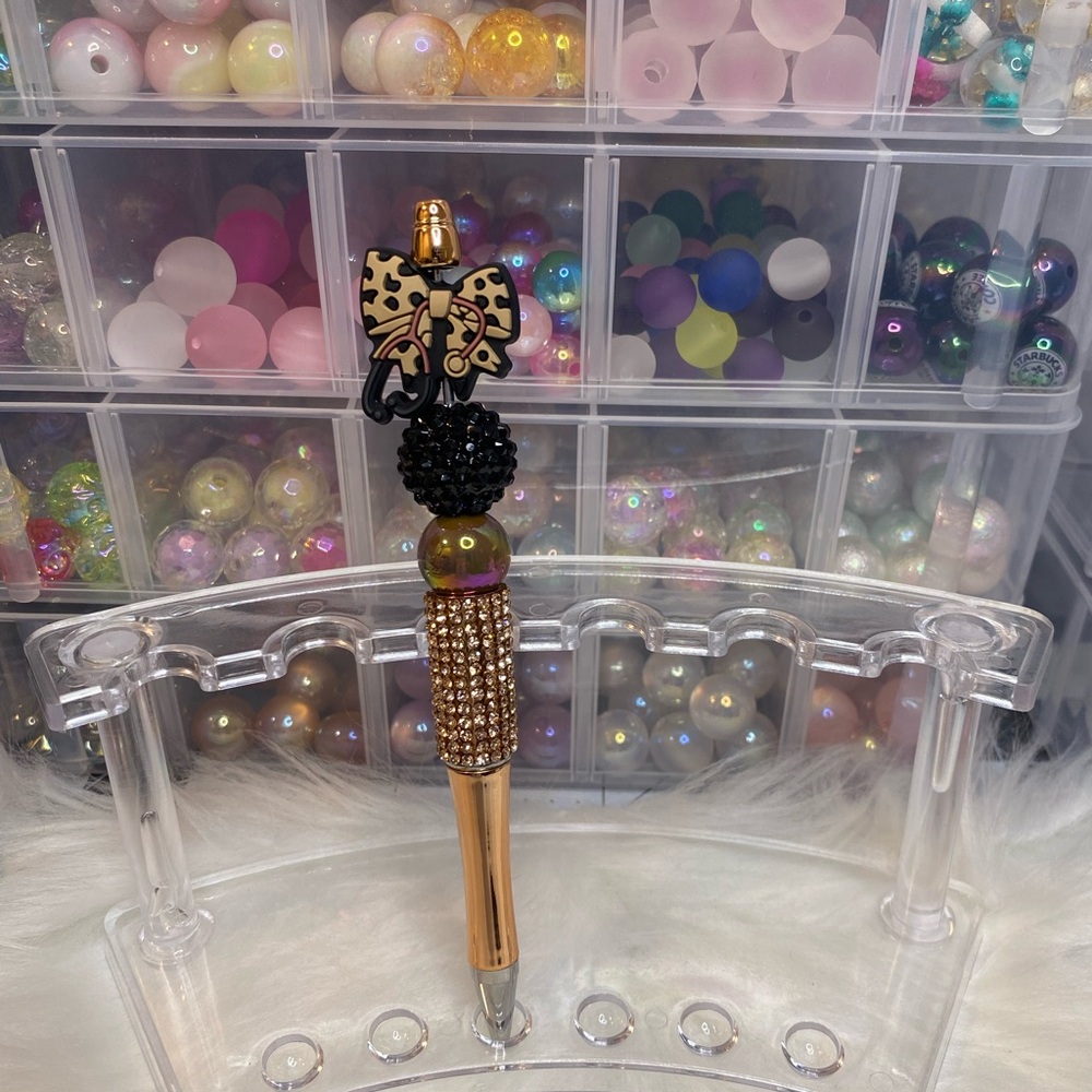 Gold and Black Beaded Pen with Bow Charm